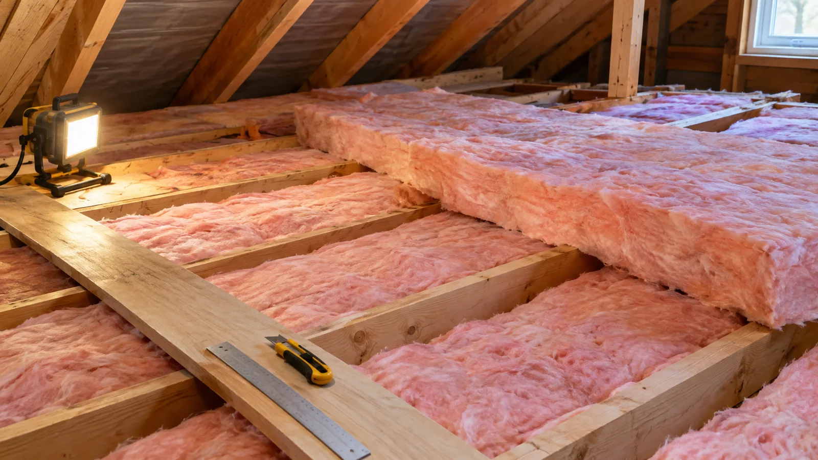 Fiberglass batts between attic joists with a second layer running across them