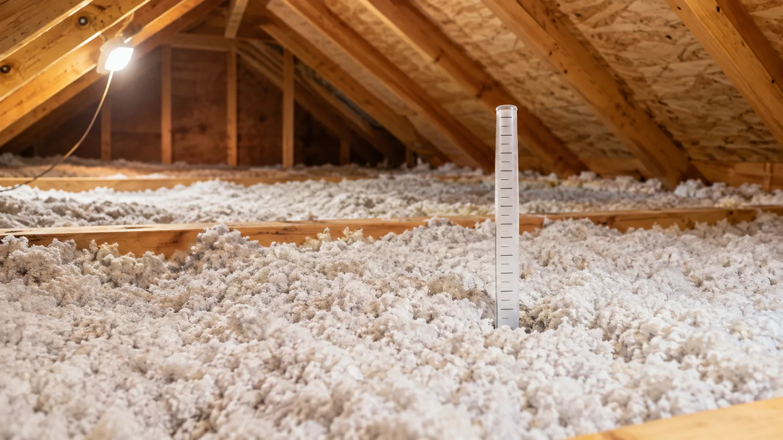 Attic floor covered with a thick, even layer of blown-in insulation between the joists, with a ruler marking the depth