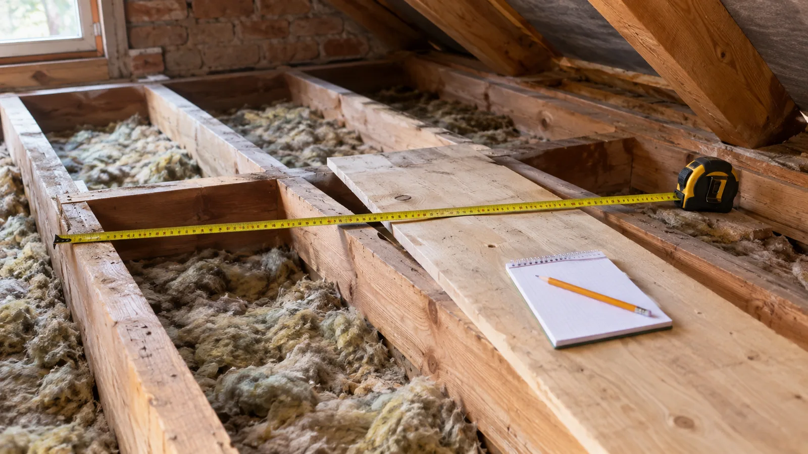 Tape measure across attic joists from a plank walkway, notepad and old insulation below