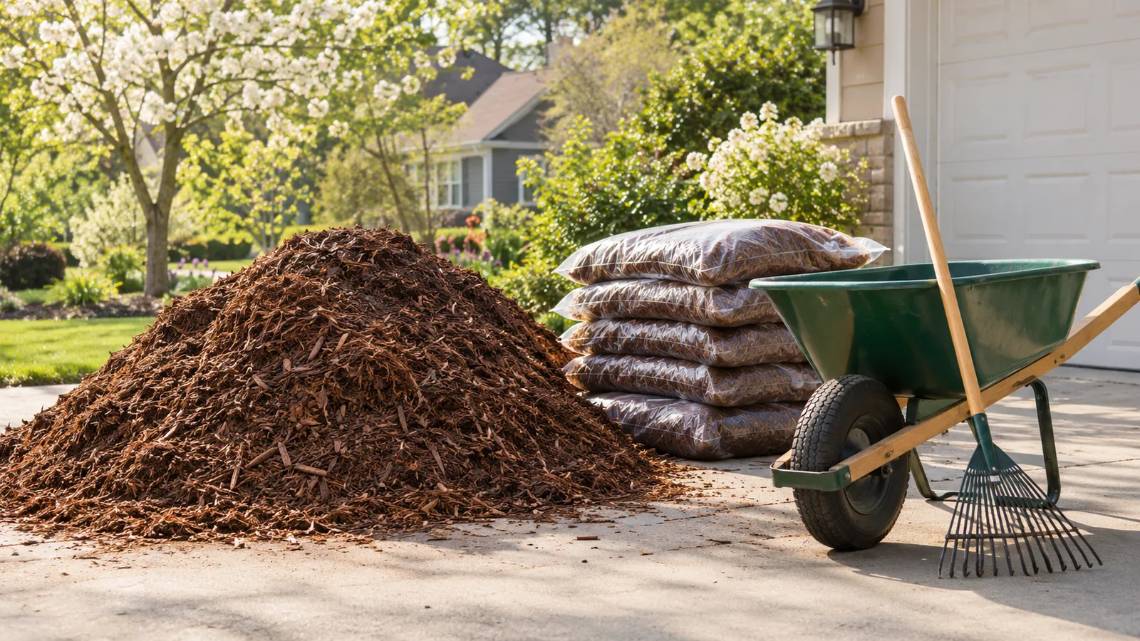 A pile of bulk mulch in a driveway next to a stack of bagged mulch and a wheelbarrow