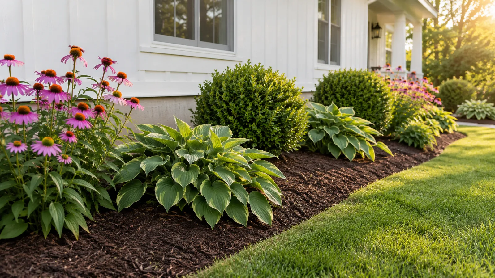 Freshly mulched garden bed with dark brown shredded hardwood mulch around hostas and shrubs along a house