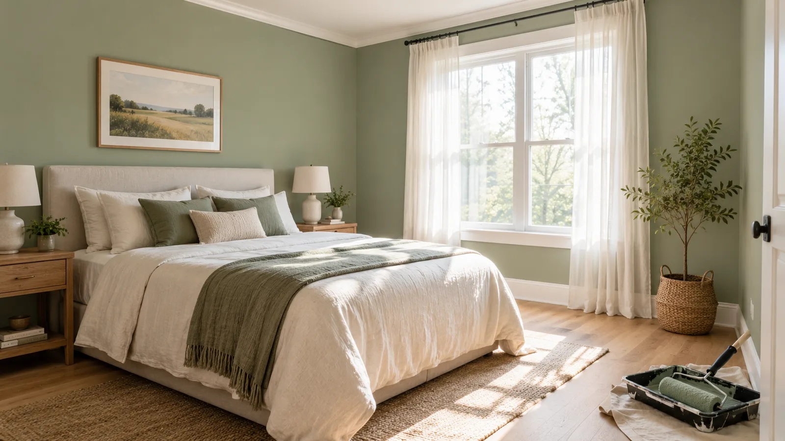 Freshly painted sage green bedroom with white trim and a paint roller in the corner