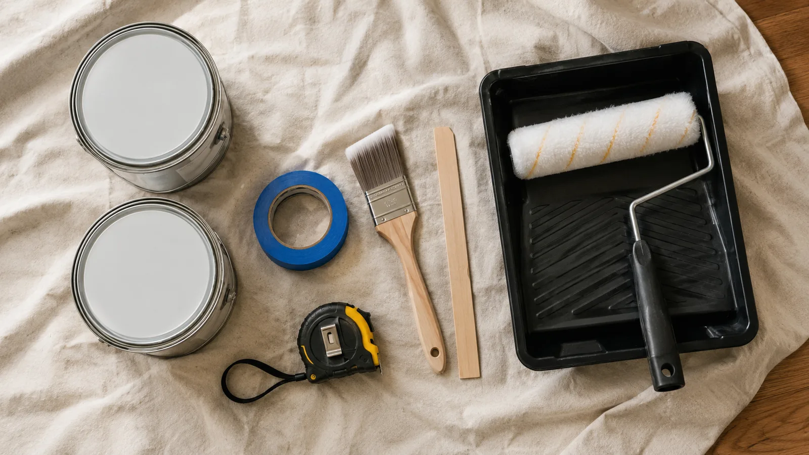 Interior painting supplies laid out on a drop cloth: paint cans, a roller and tray, an angled brush, and painter's tape