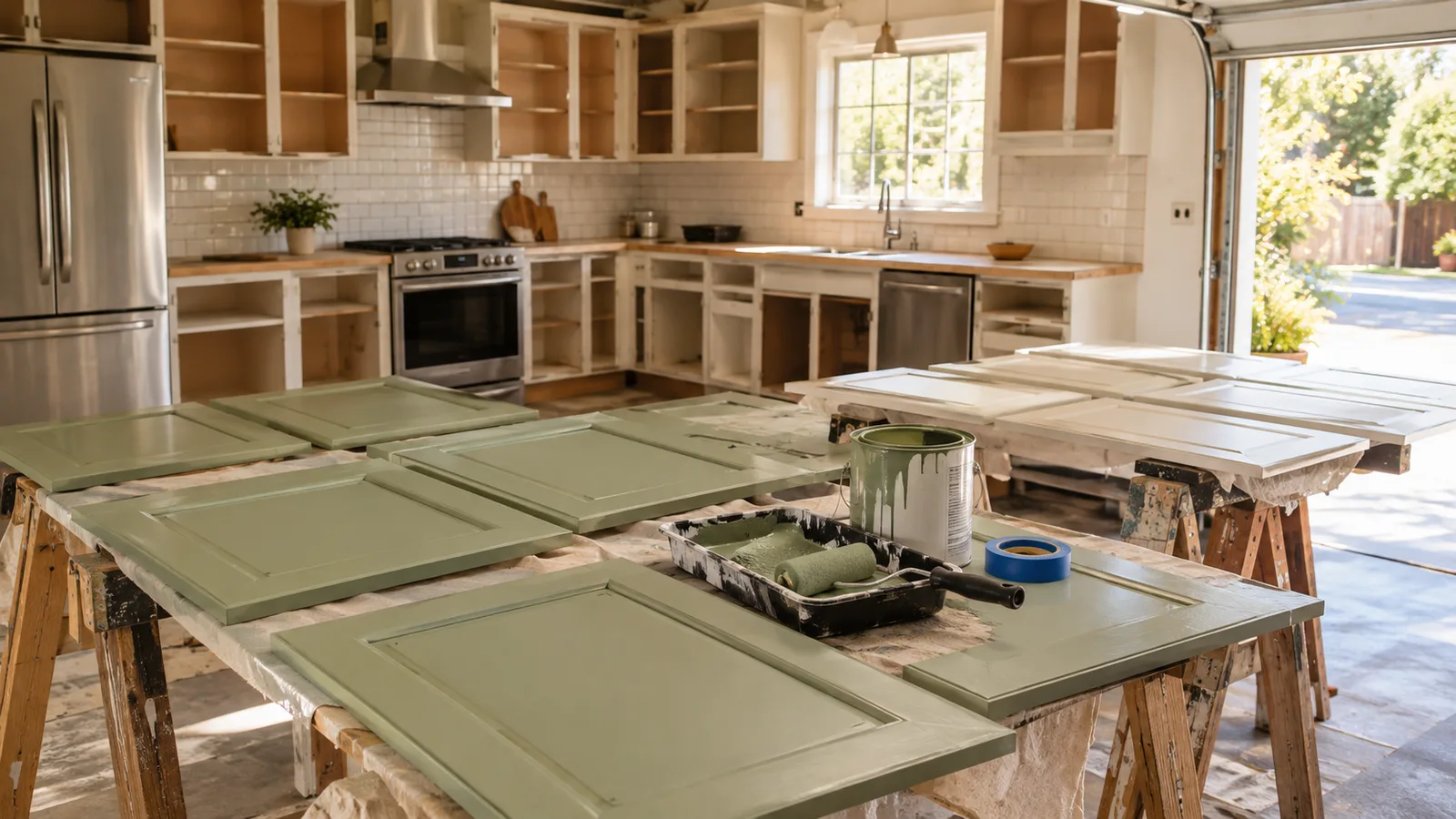 Kitchen cabinet doors laid out on sawhorses mid-paint, a can of sage green cabinet paint and a small foam roller on a drop cloth