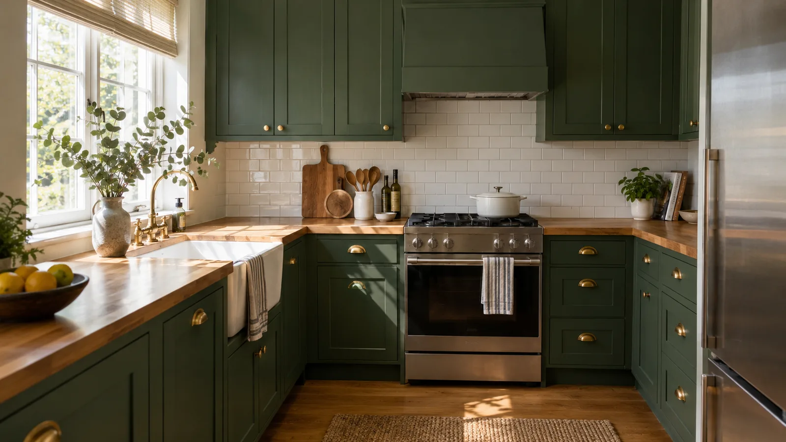 Small kitchen with freshly painted deep green shaker cabinets, brass cup pulls and butcher block counters