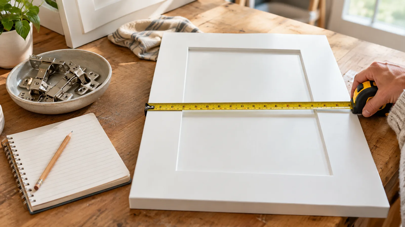 Hand measuring a white shaker cabinet door with a tape measure, notepad and hinges on the workbench