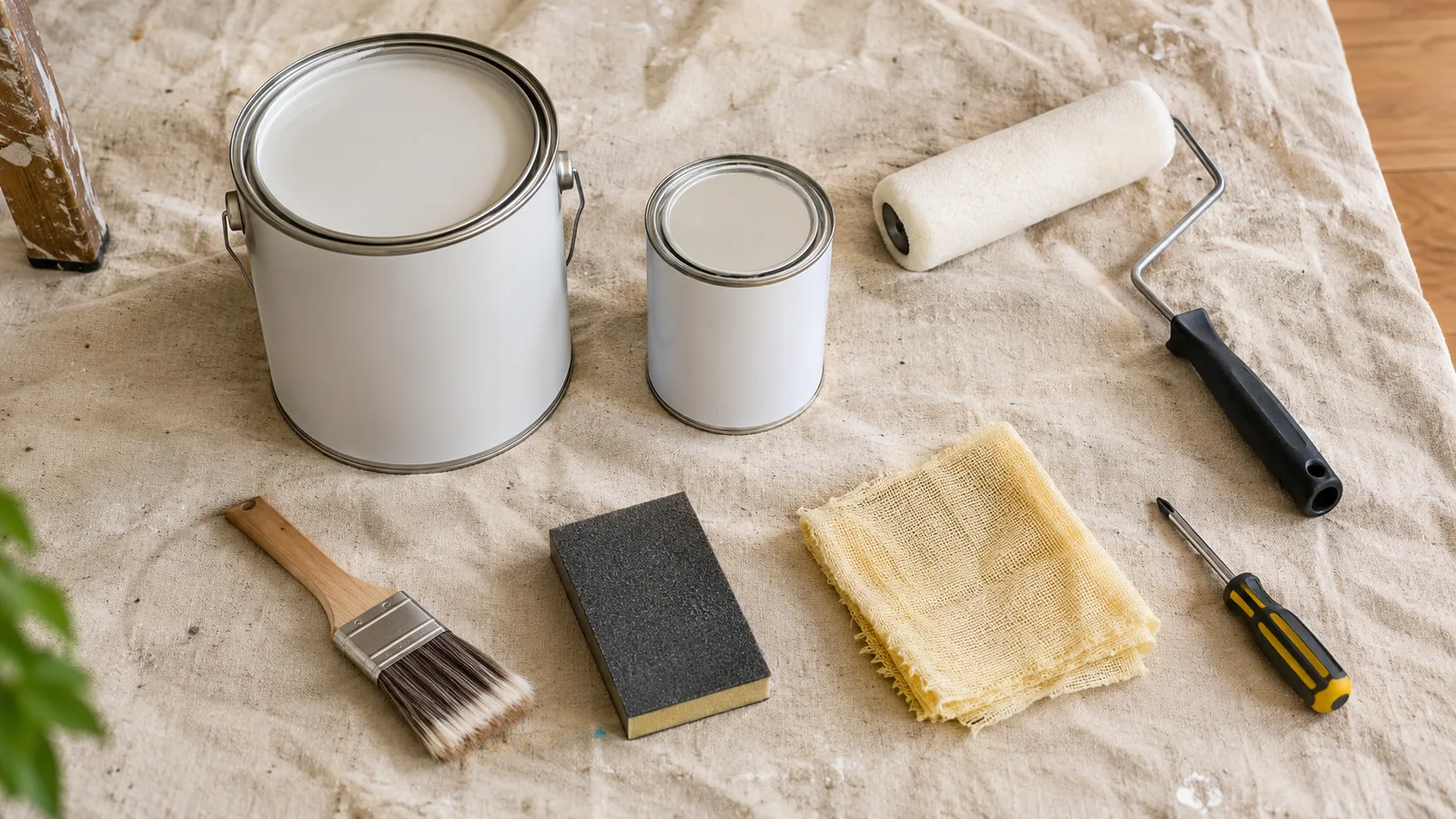 Cabinet paint, bonding primer, foam roller, angled brush, sanding sponge and tack cloth on a drop cloth