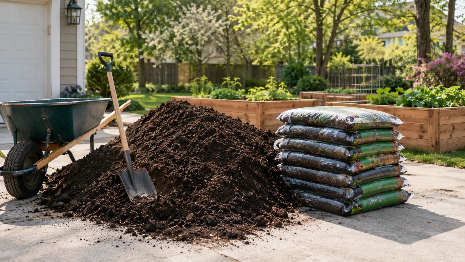 Pile of bulk garden soil in a driveway next to a stack of bagged raised bed soil and a wheelbarrow