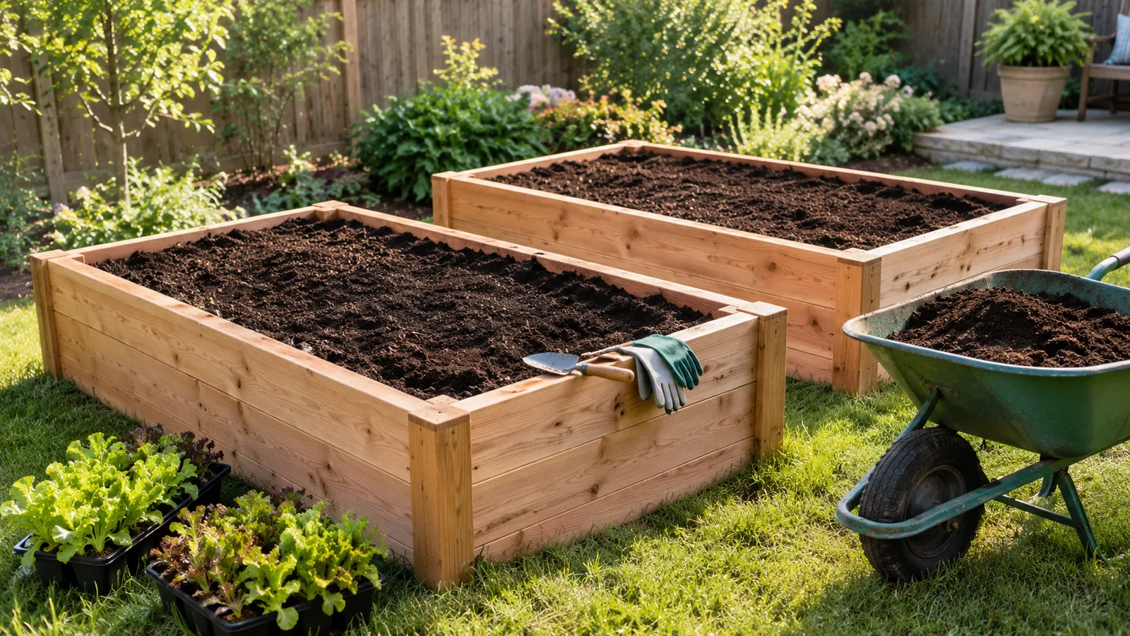 Wooden raised garden beds freshly filled with dark soil next to a wheelbarrow in a sunny backyard