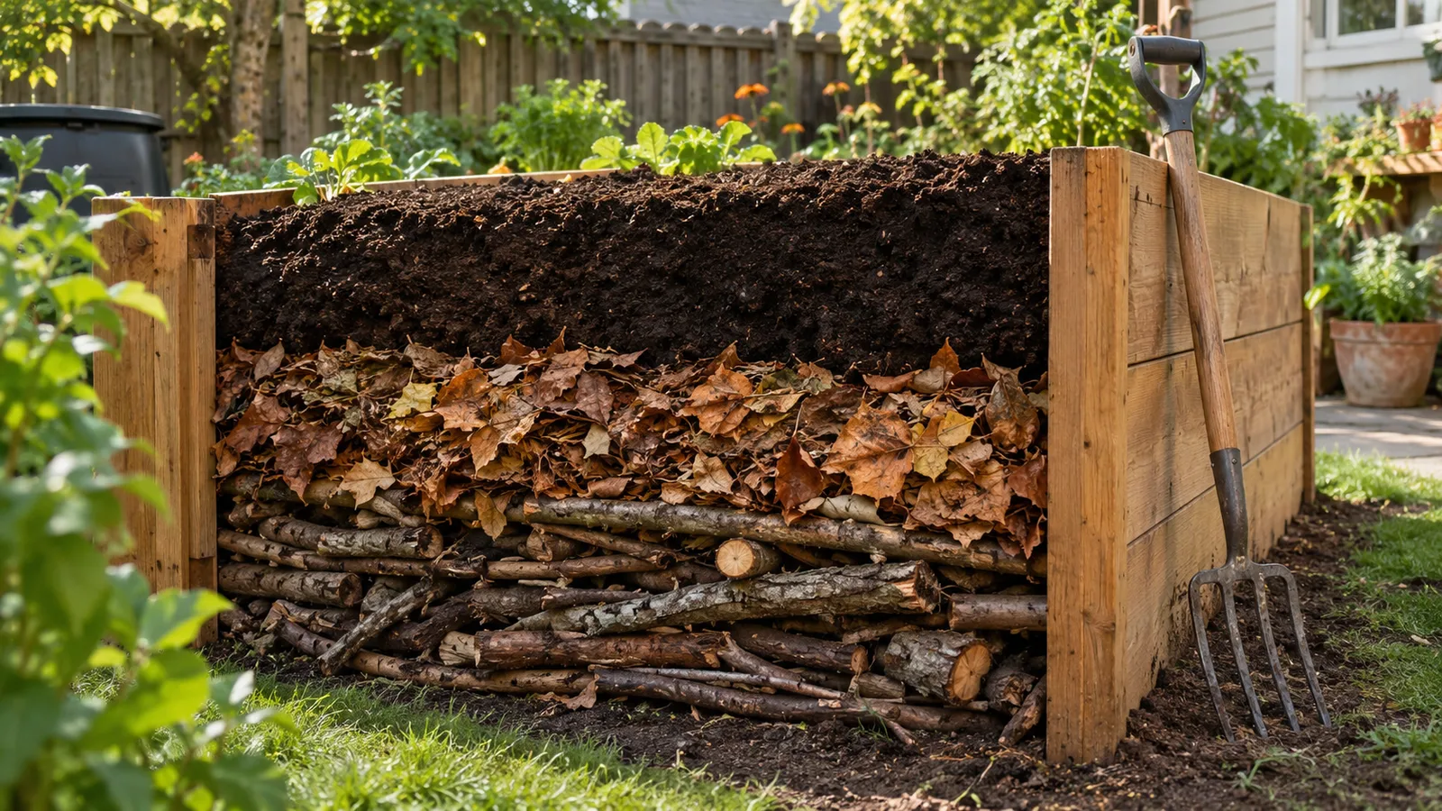 Tall raised bed filled in layers with logs and branches at the bottom, leaves in the middle and soil on top