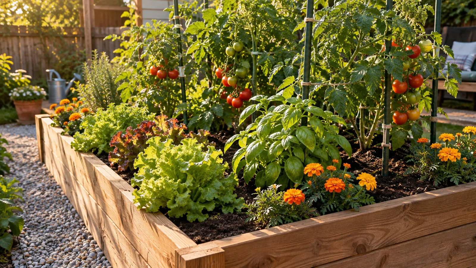 Raised vegetable bed planted with tomatoes, basil, lettuce and marigolds in dark soil