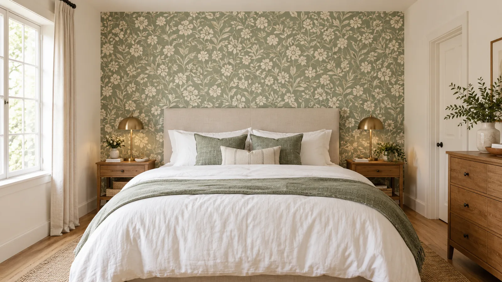 Bedroom accent wall covered in a botanical patterned wallpaper behind an upholstered bed