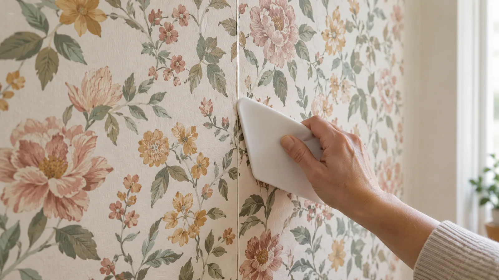 Two strips of patterned wallpaper being matched at the seam