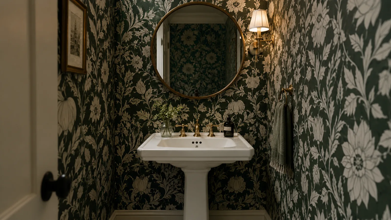 A powder room wallpapered in a bold dark green pattern with a pedestal sink
