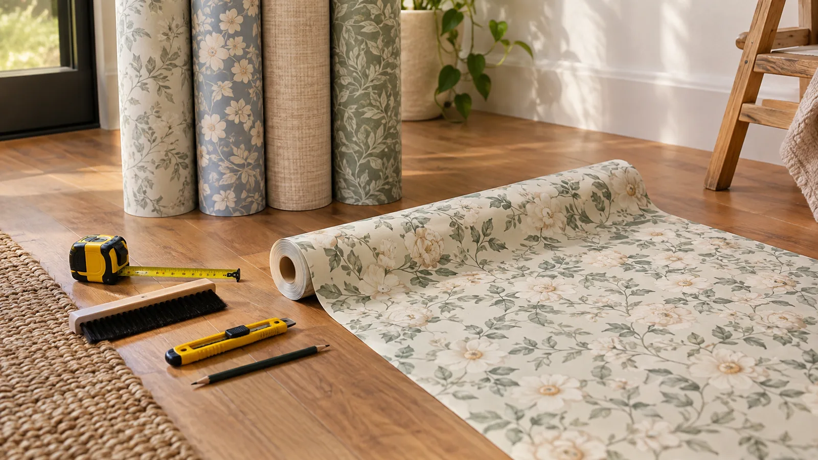Rolls of patterned wallpaper on a wood floor with a tape measure and smoothing brush