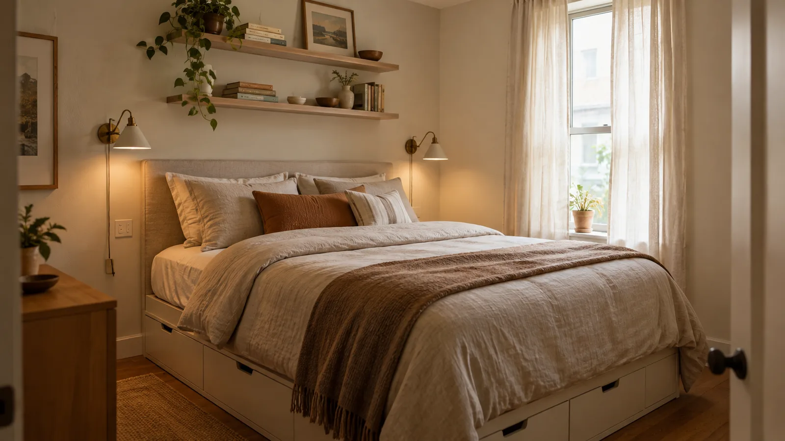 Small apartment bedroom with plug-in wall sconces, floating shelves above the bed and under-bed storage drawers
