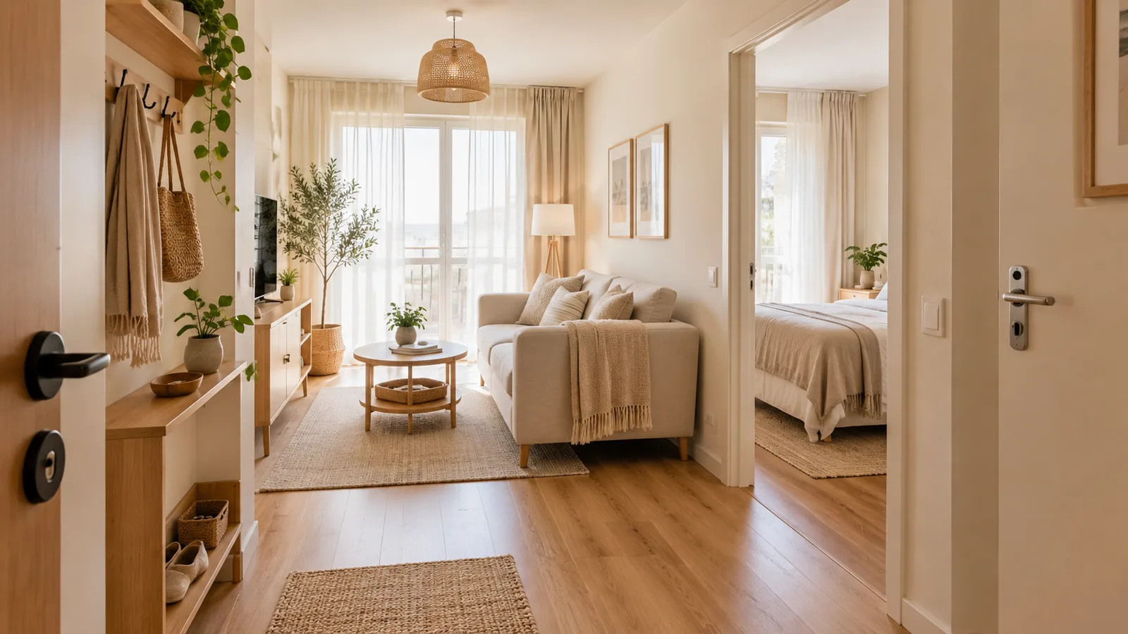 Small apartment seen from the entry with a consistent warm neutral palette flowing from a compact living area into a bedroom nook