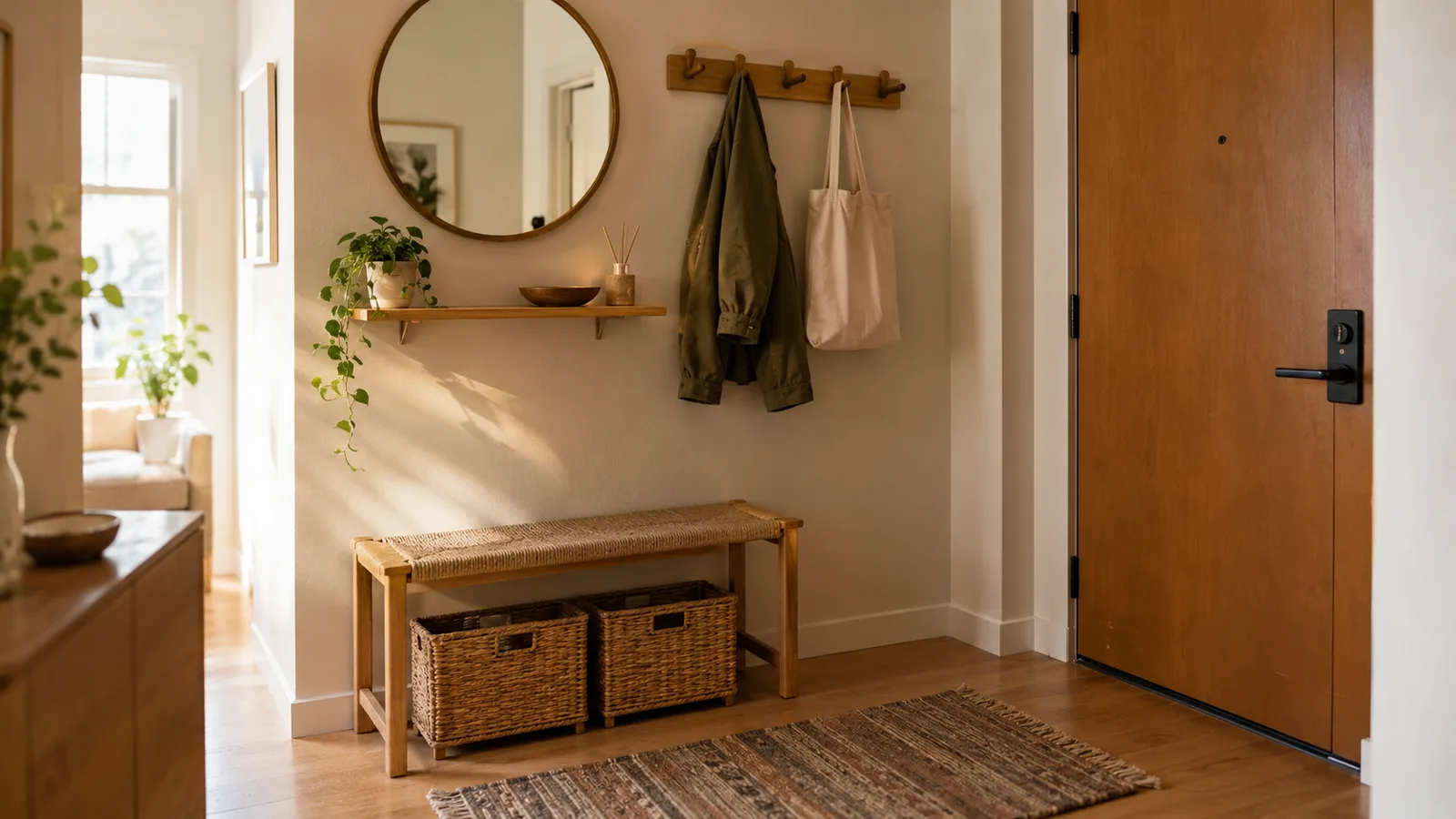 Tiny apartment entry wall with a floating shelf, peg hooks, a round mirror and a shoe bench with baskets