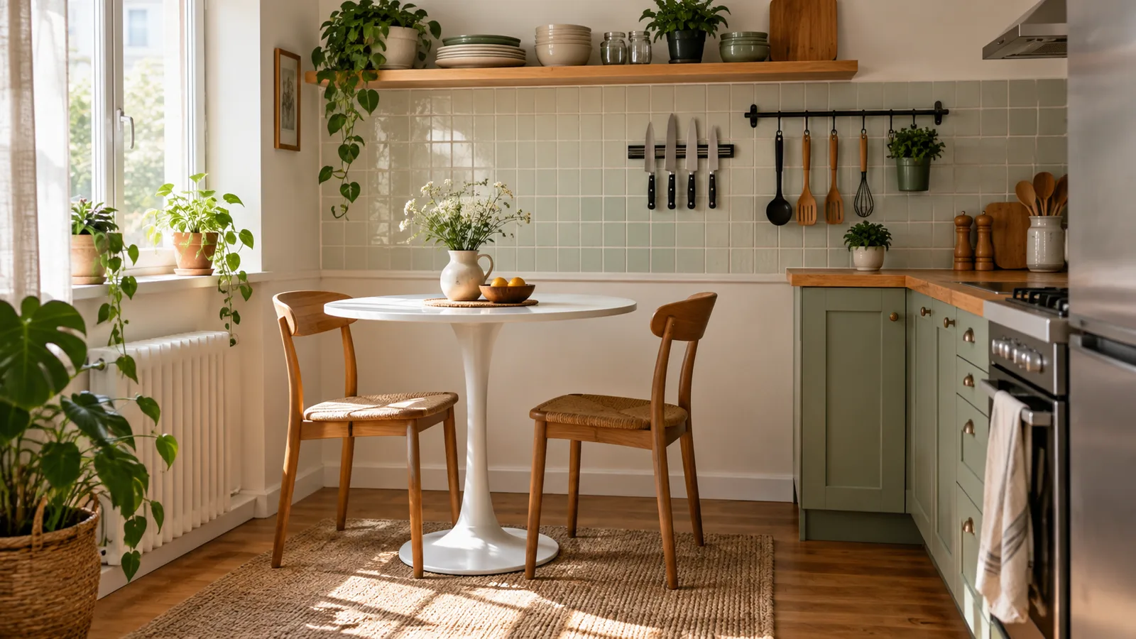 Small apartment kitchen nook with a round pedestal table, peel-and-stick backsplash, magnetic knife strip and a wall rail