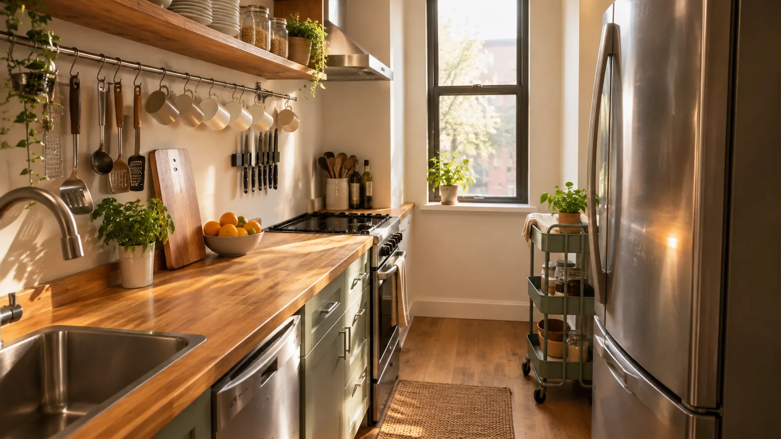 Tiny apartment kitchen organized with a wall rail, open shelf, magnetic knife strip and a rolling cart
