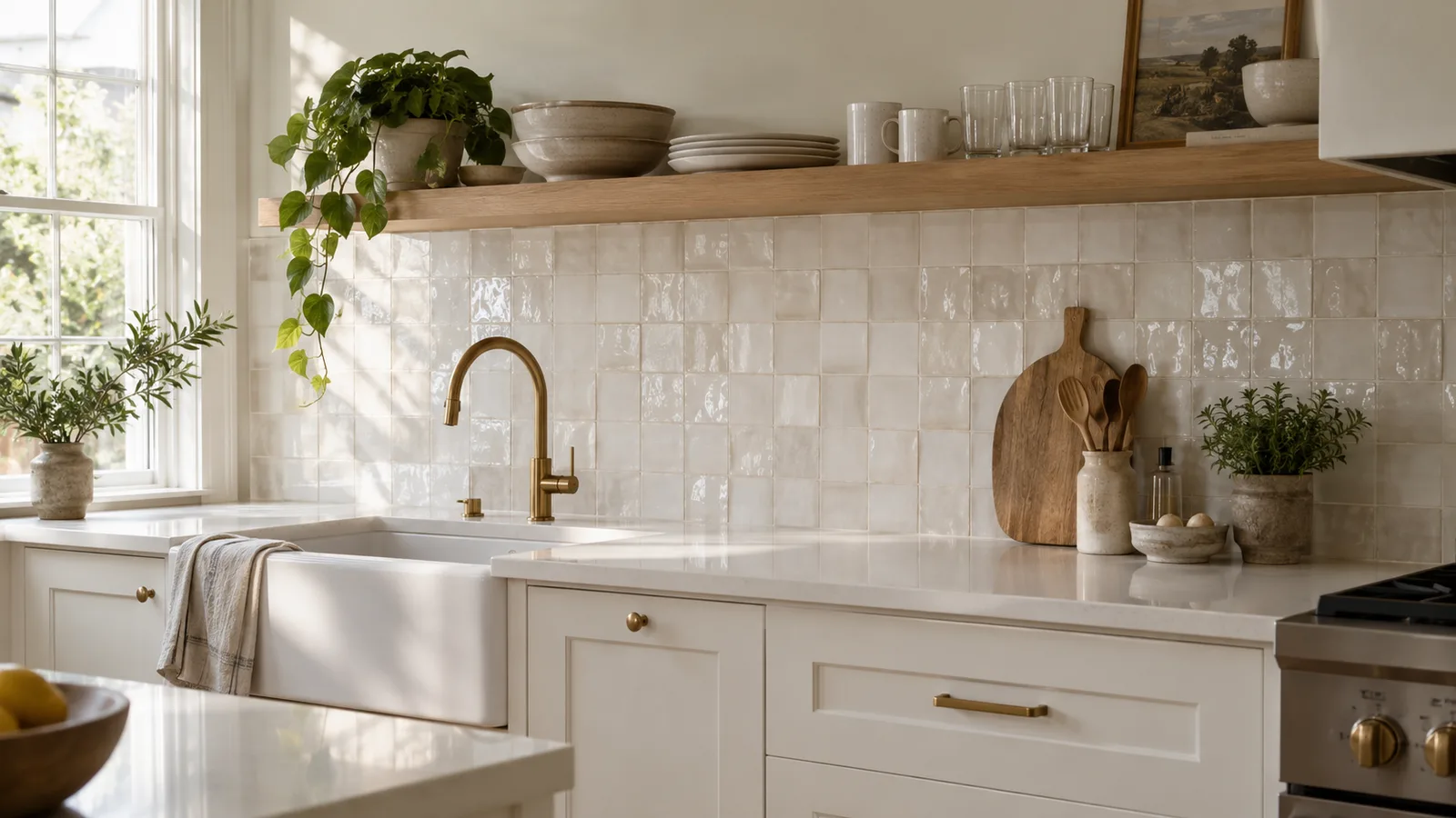 White shaker kitchen with a handmade zellige tile backsplash in soft white, brass faucet and open wood shelf