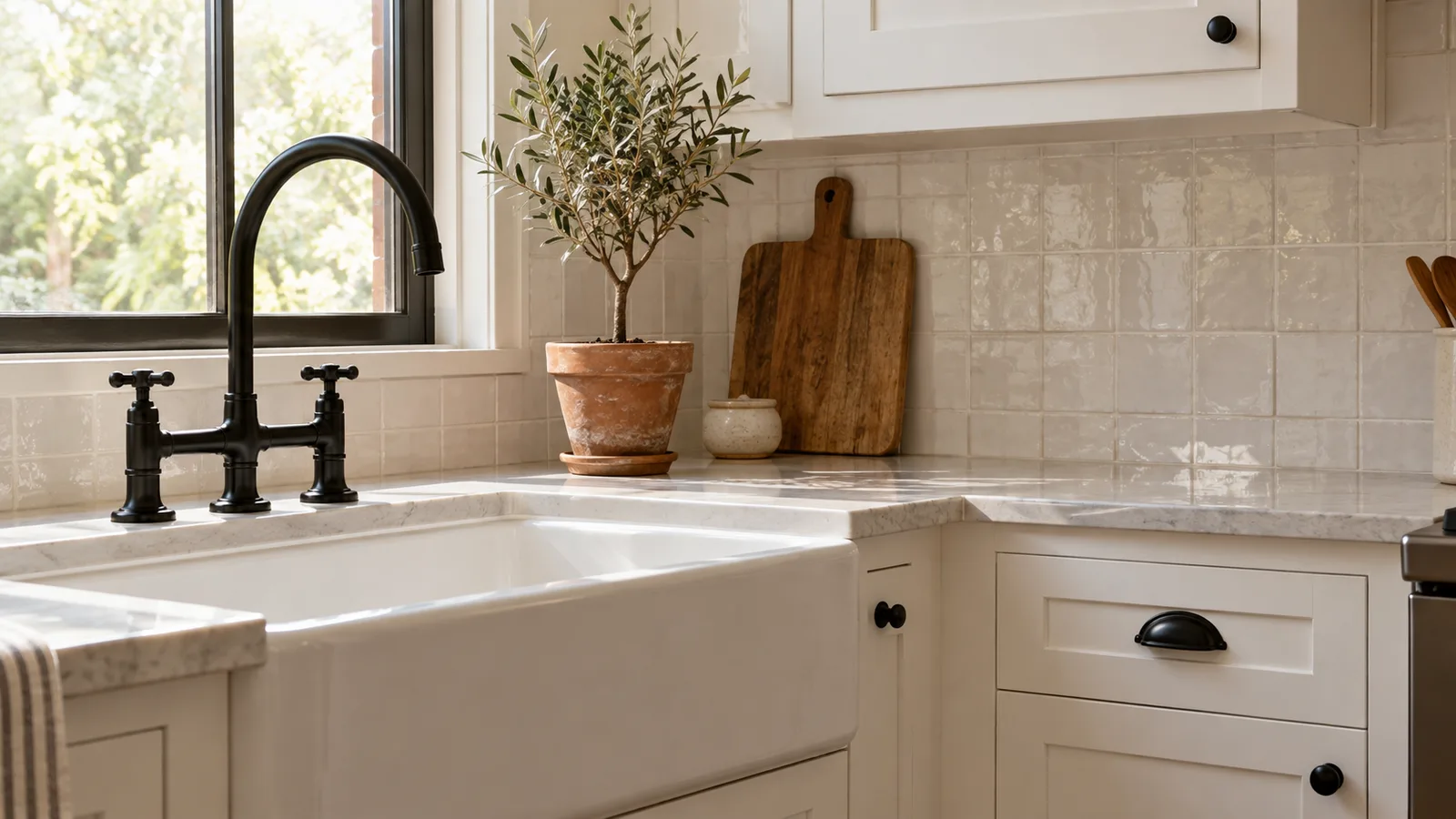 Matte black bridge faucet and black cabinet pulls in a modern farmhouse kitchen