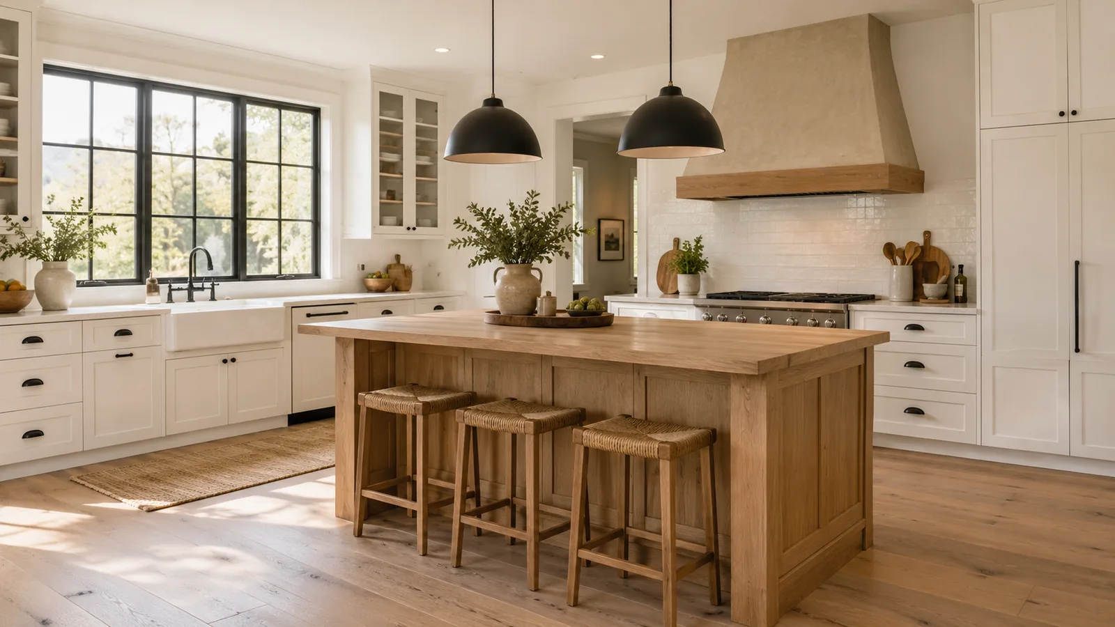 Modern farmhouse kitchen with white shaker cabinets, black hardware, a wood range hood and a white apron sink