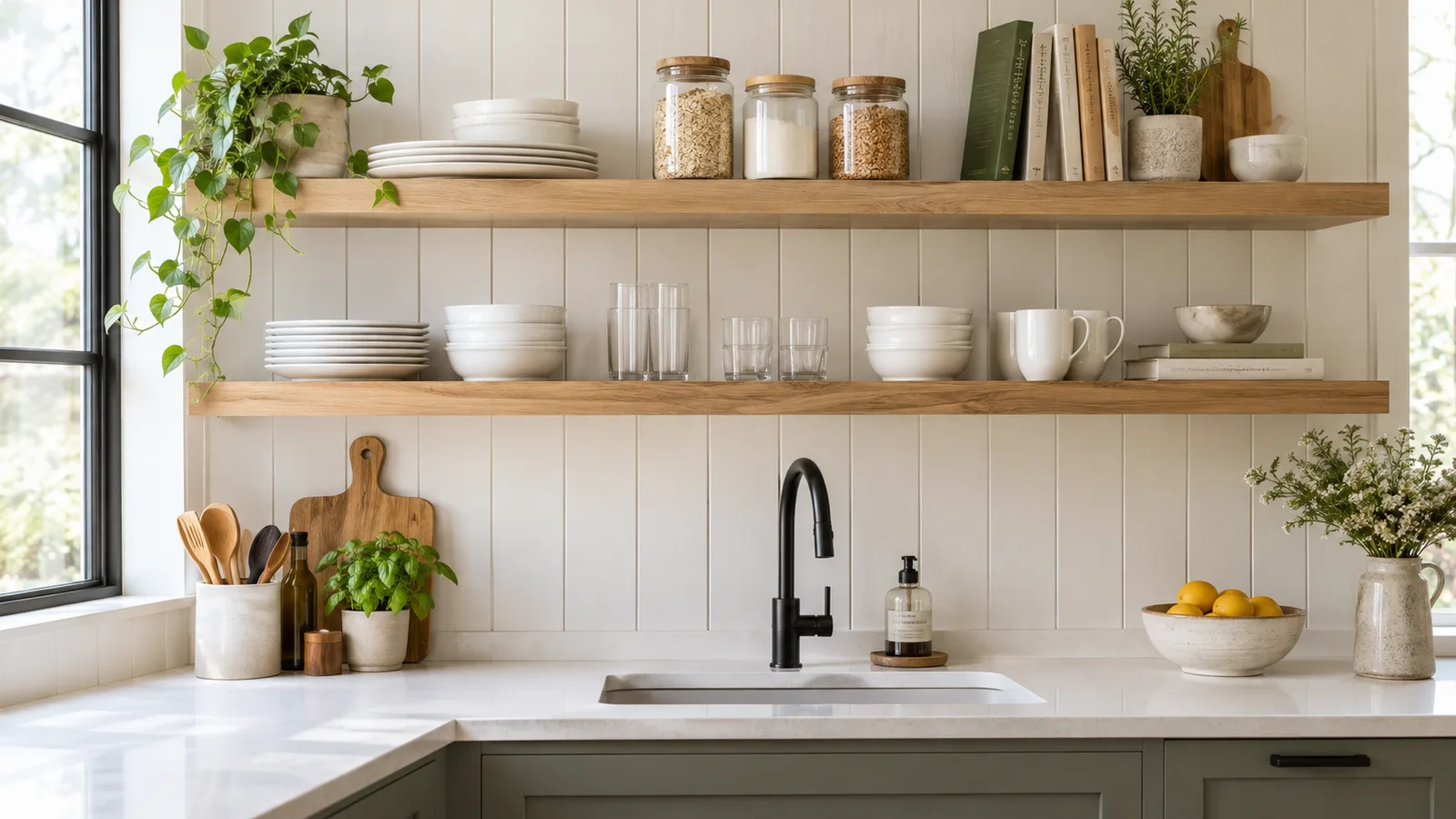 Two white oak floating shelves with white dishes and glass jars over a quartz counter