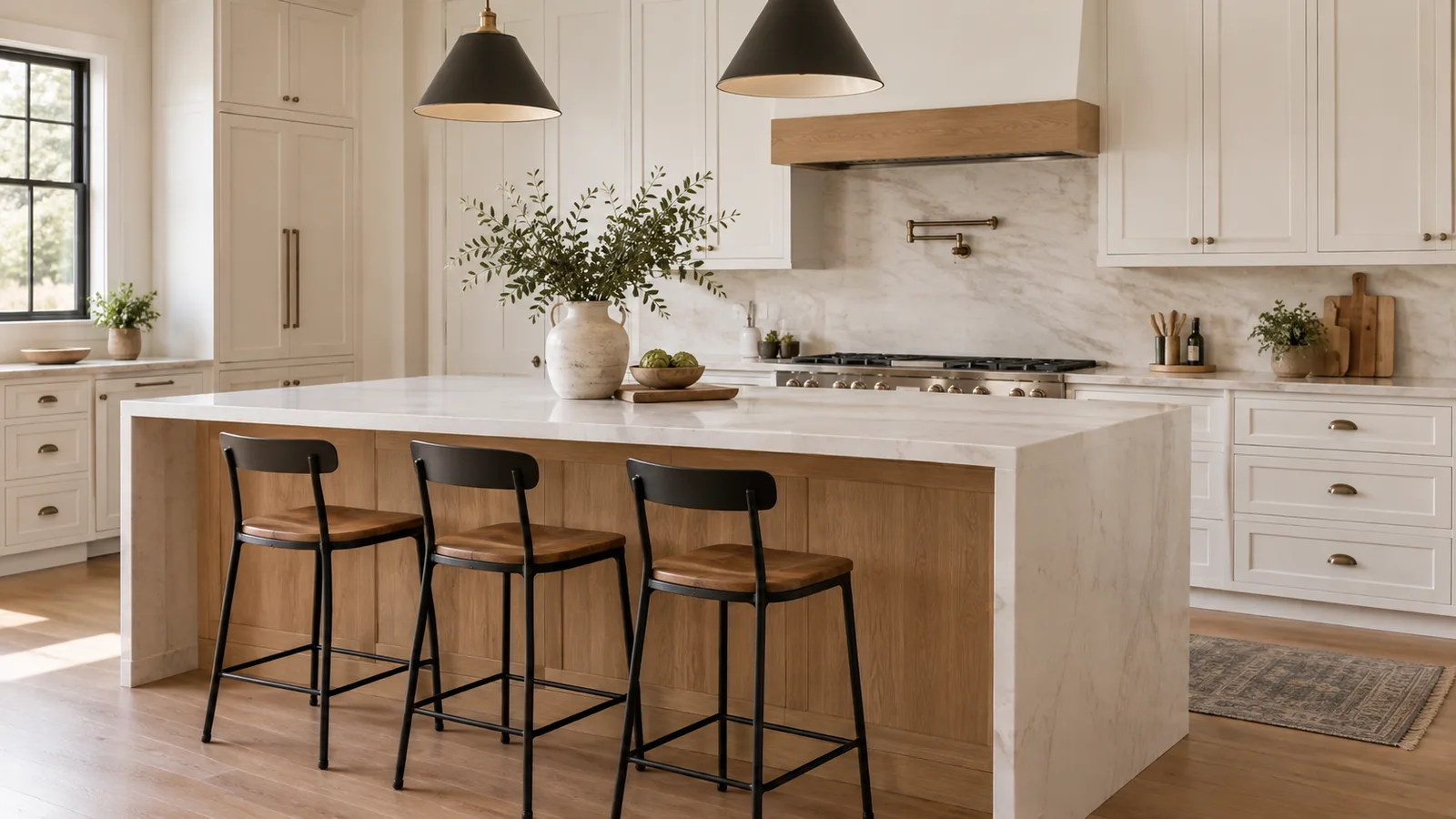 White oak kitchen island with waterfall quartz top and black metal stools