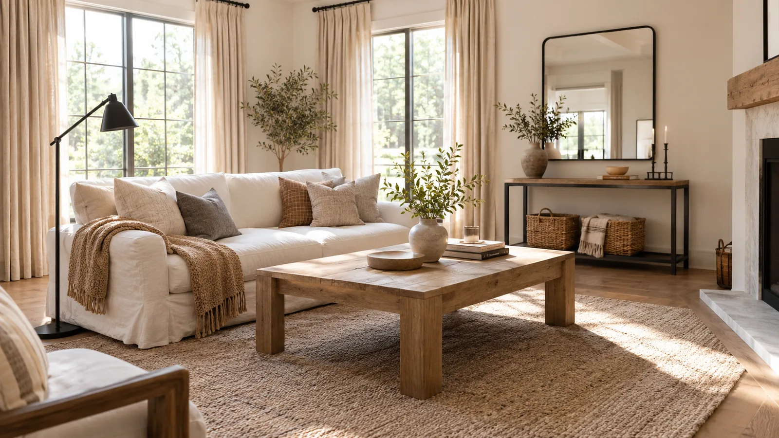 Modern farmhouse living room with a white slipcovered sofa, light oak coffee table, black iron floor lamp and soft neutral walls