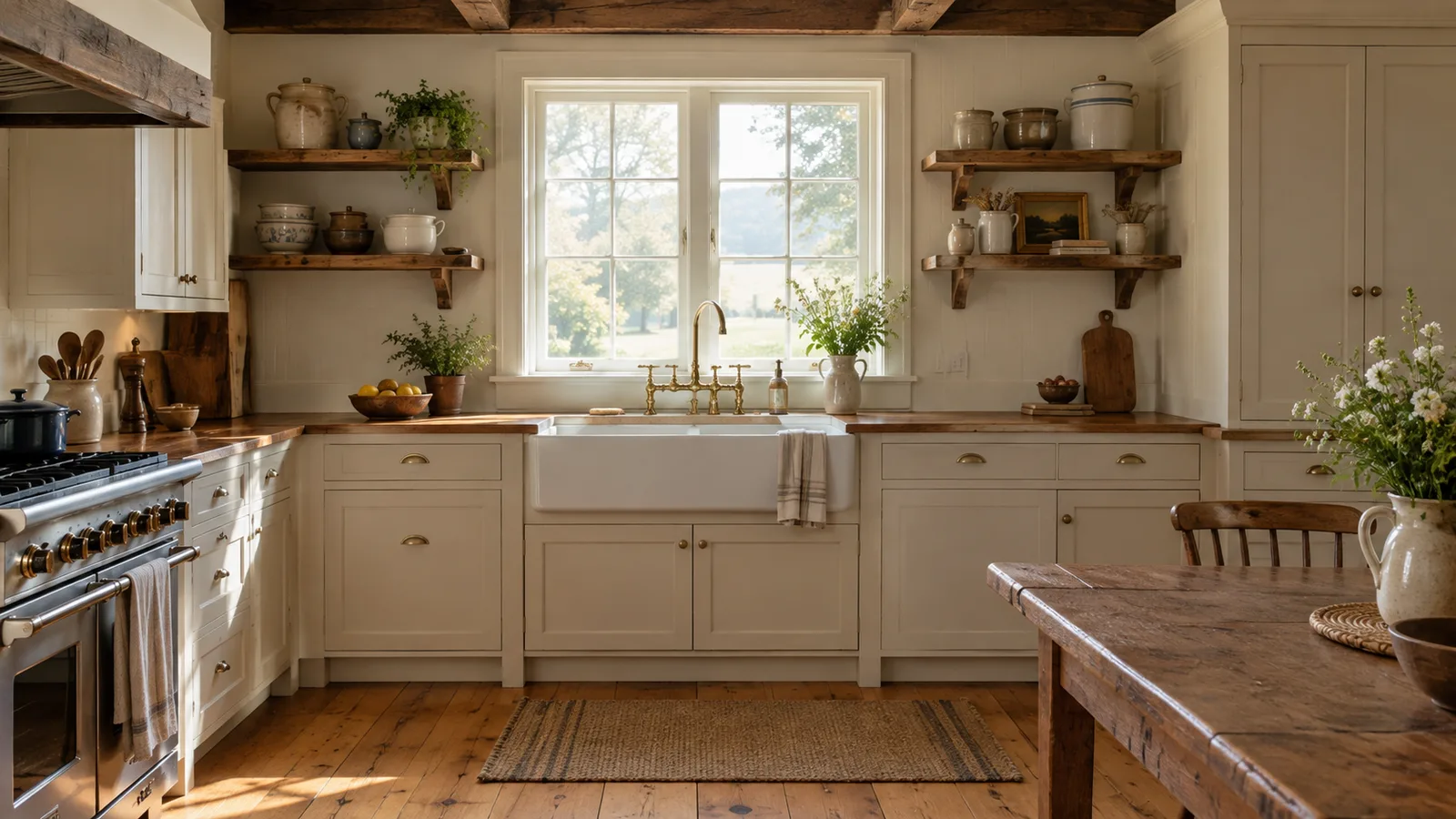 Traditional farmhouse kitchen with cream inset cabinets, white apron-front sink, wood beams and open wooden shelves