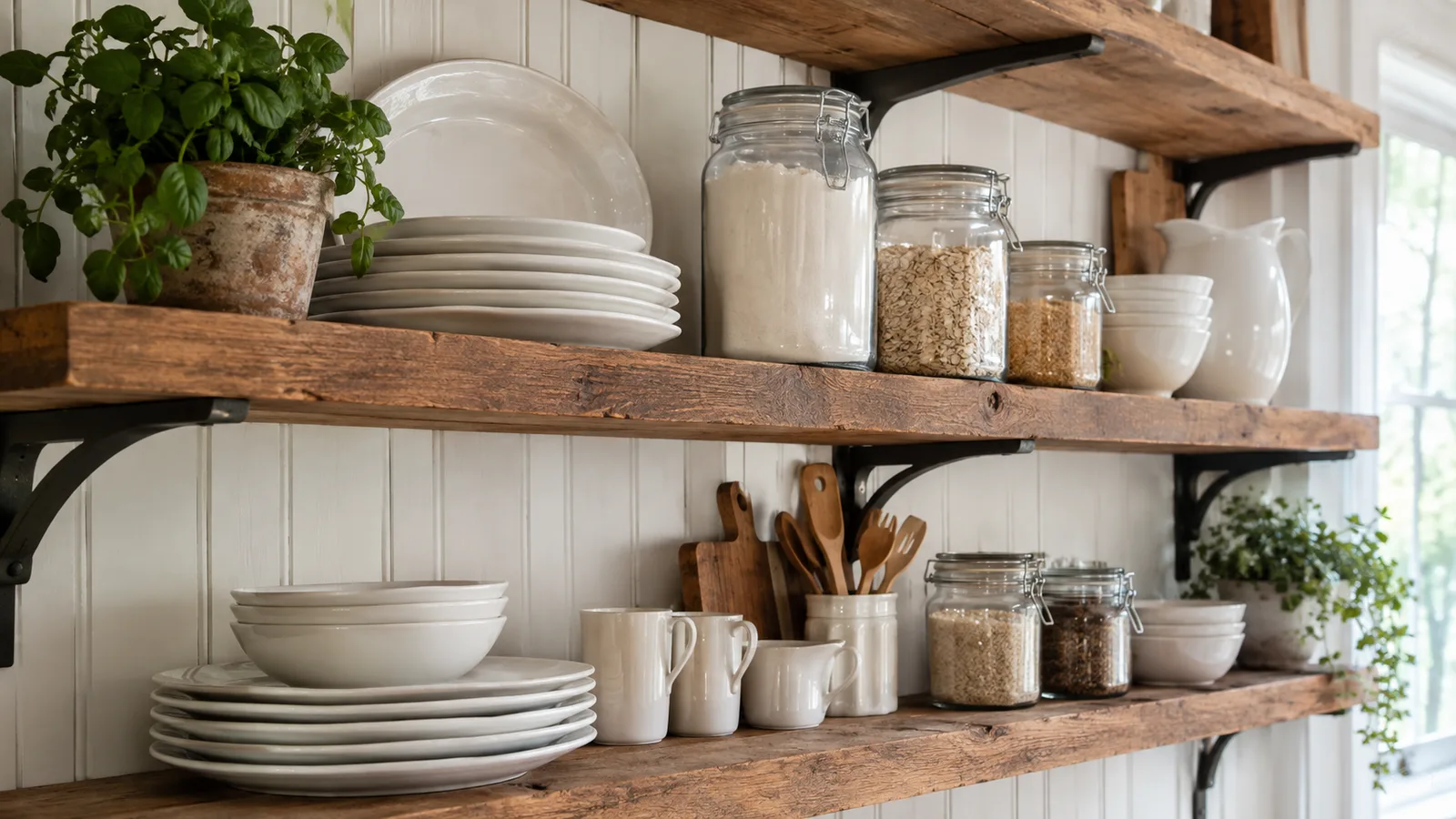 Thick reclaimed wood shelves on iron brackets holding ironstone plates and jars