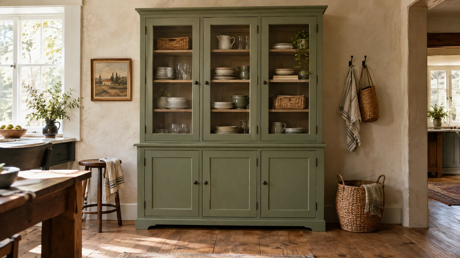 Tall sage green farmhouse hutch with glass-front doors displaying dishes and baskets