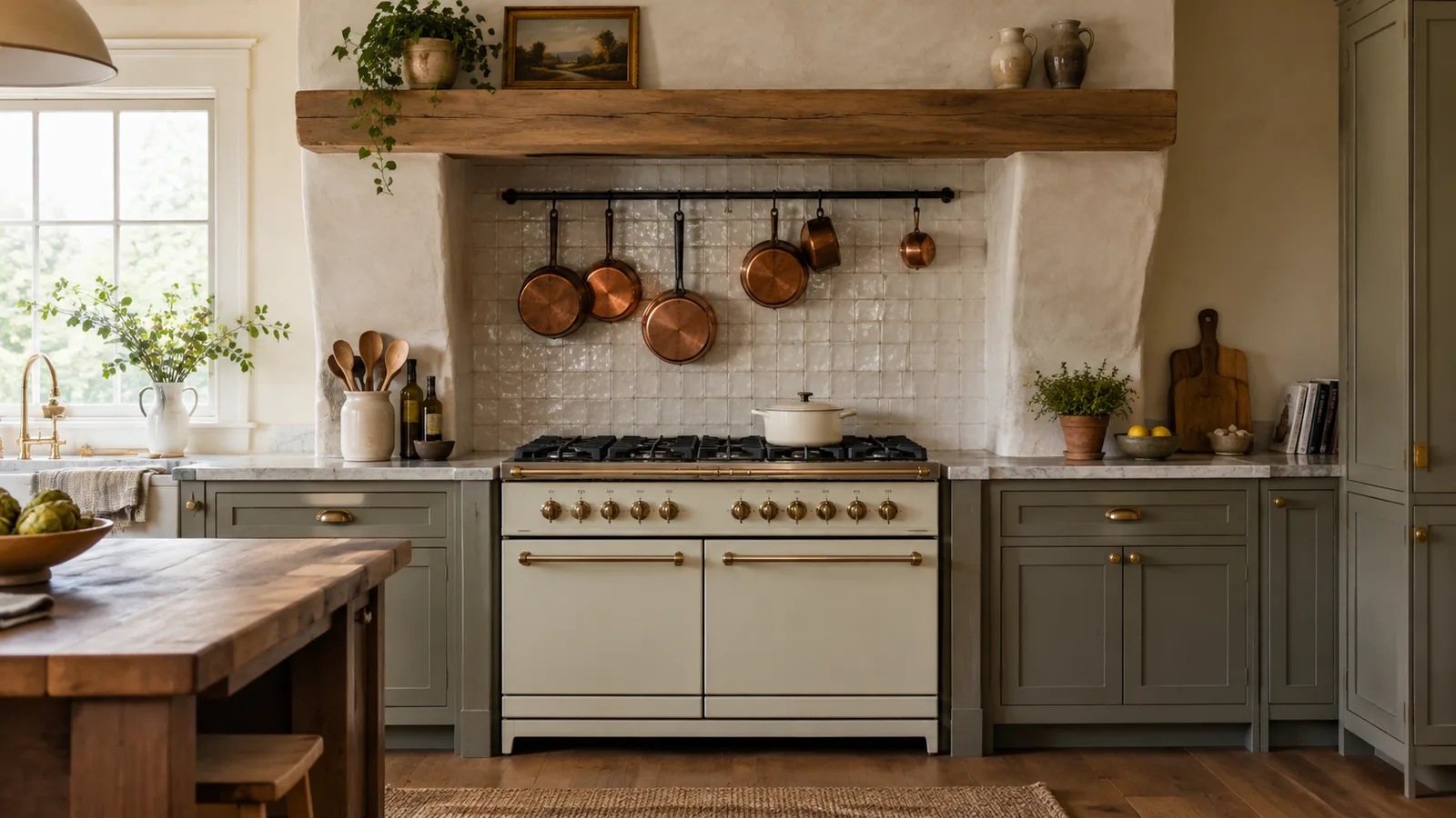 Cream enamel range in a plaster hood alcove with handmade white tile and hanging copper pots