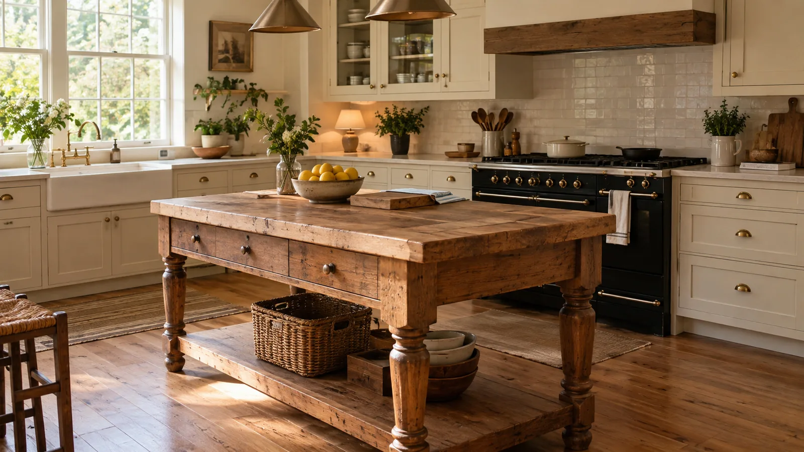 Freestanding wooden worktable with butcher block top used as a farmhouse kitchen island