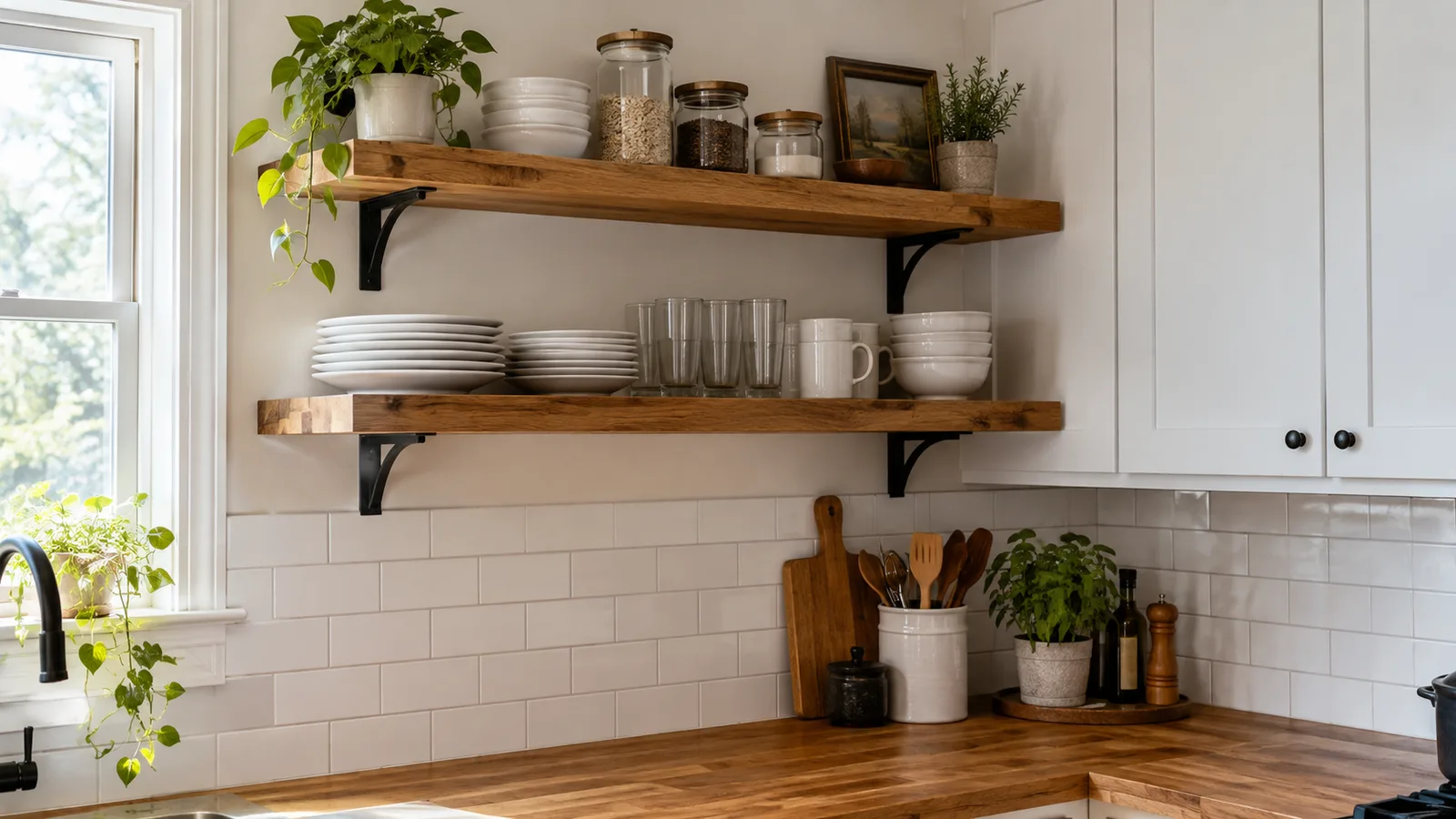 Small kitchen with two wood open shelves holding white dishes beside white upper cabinets