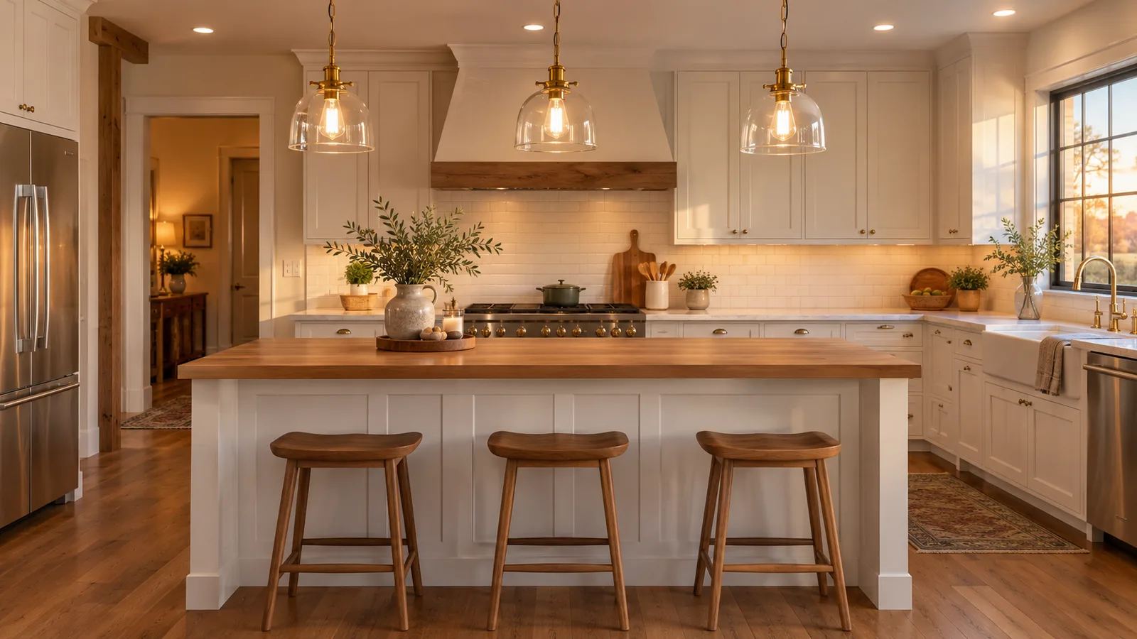Three matching glass and brass pendant lights evenly spaced over a white kitchen island with counter stools