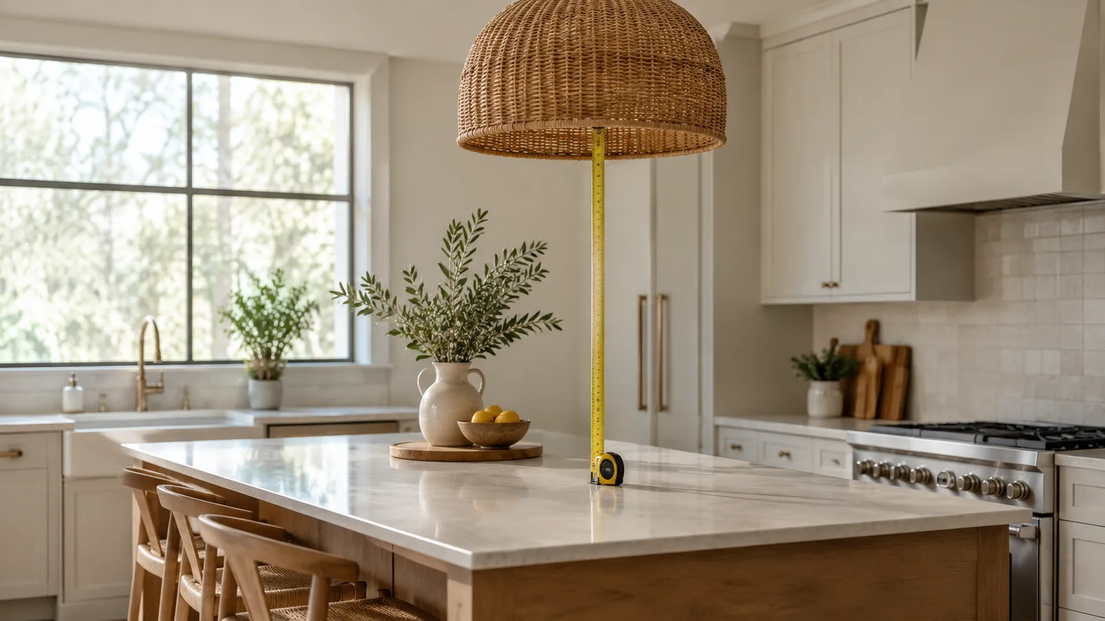 Woven rattan pendant above a kitchen island with a tape measure showing the gap above the counter
