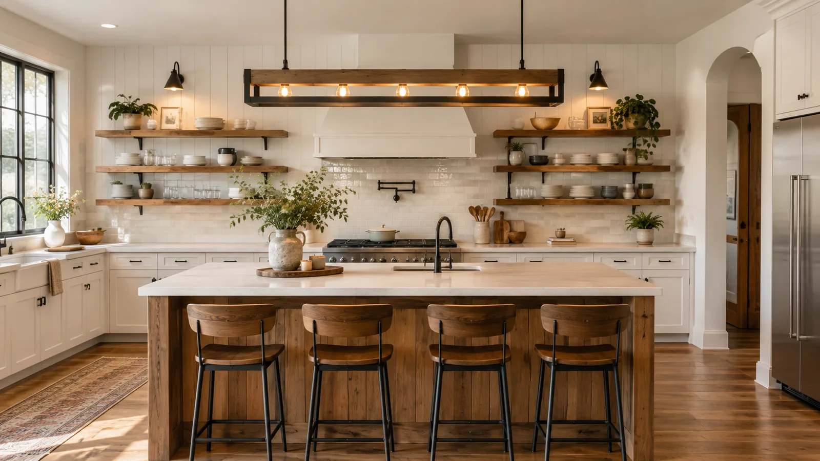 Long linear wood and metal light fixture above a rectangular kitchen island