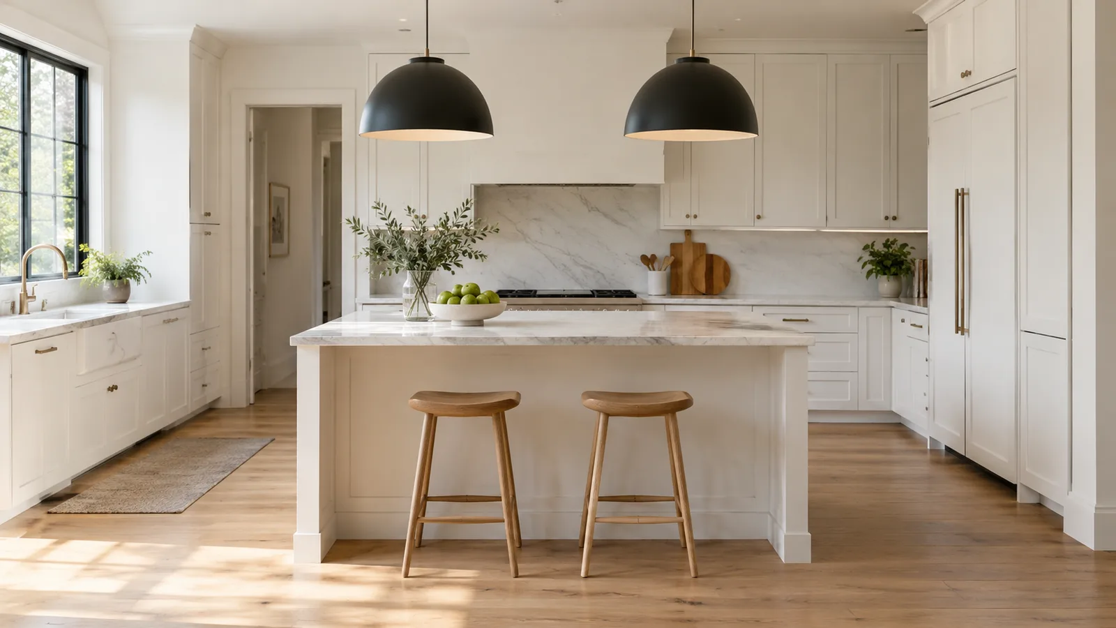 Two large matte black dome pendants evenly spaced over a smaller kitchen island