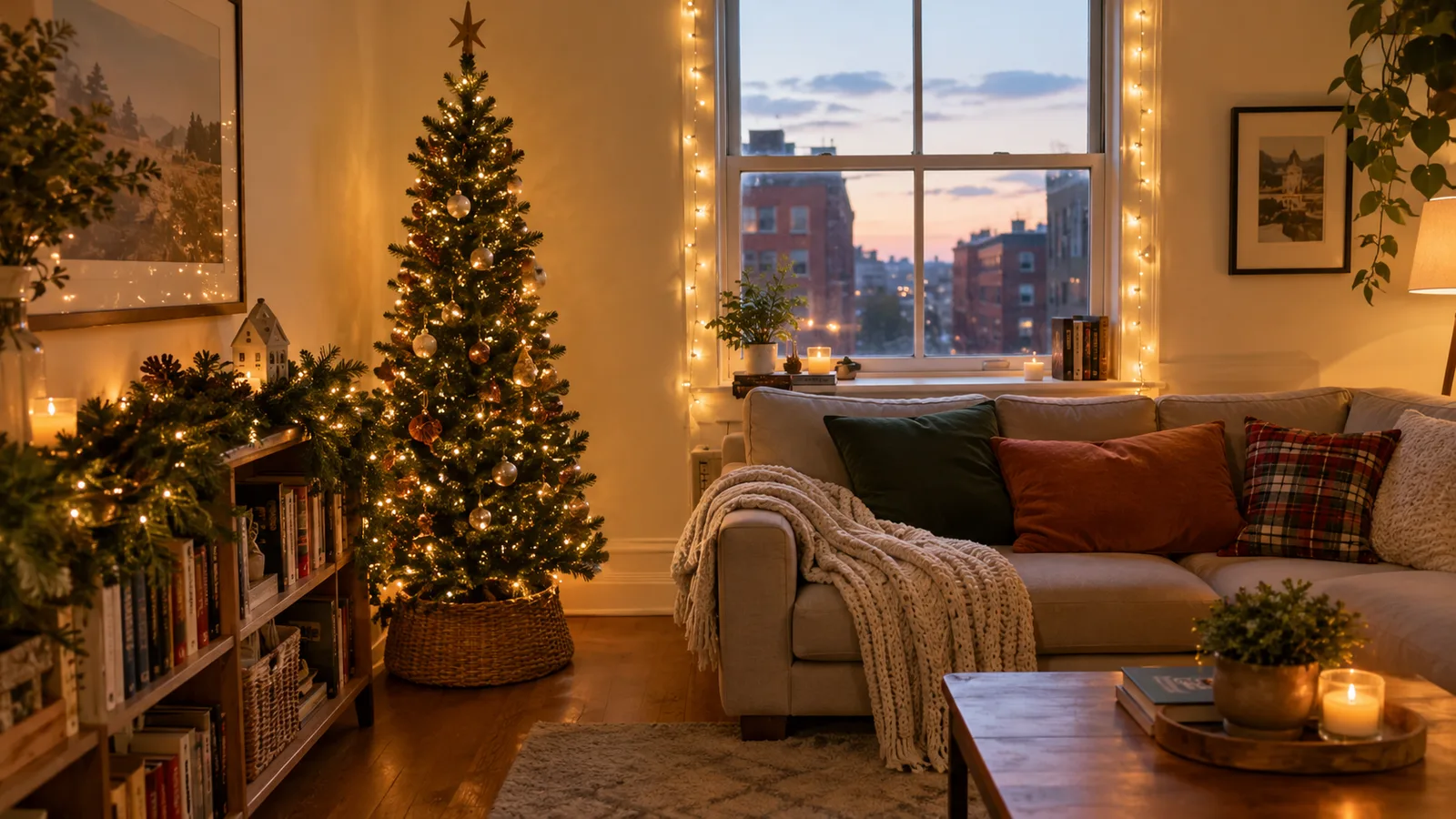 Small apartment living room decorated for Christmas with a slim lit tree in the corner, a garland on a bookshelf and string lights in the window
