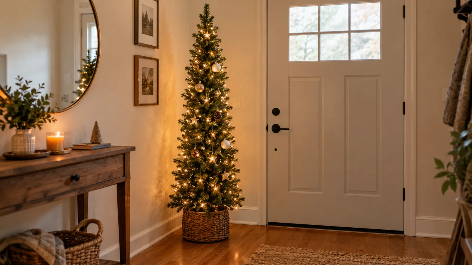 Narrow pencil Christmas tree beside a doorway in a small apartment entry