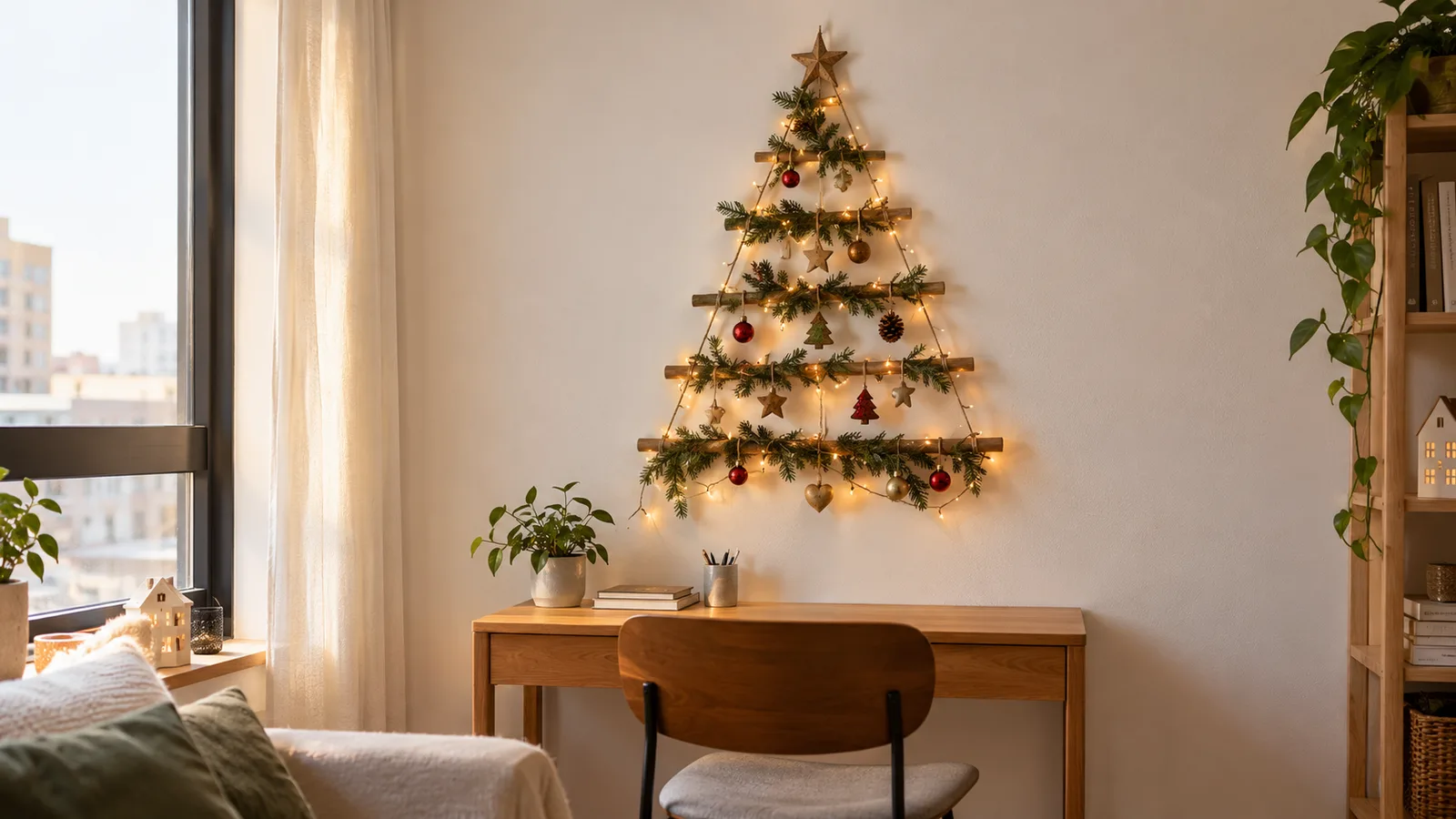 Wall Christmas tree made of dowels and greenery with fairy lights above a desk