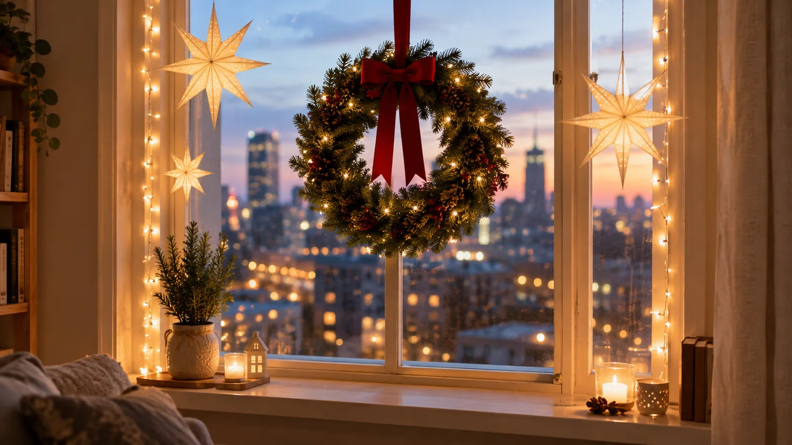 Apartment window with a wreath, string lights and paper star lanterns