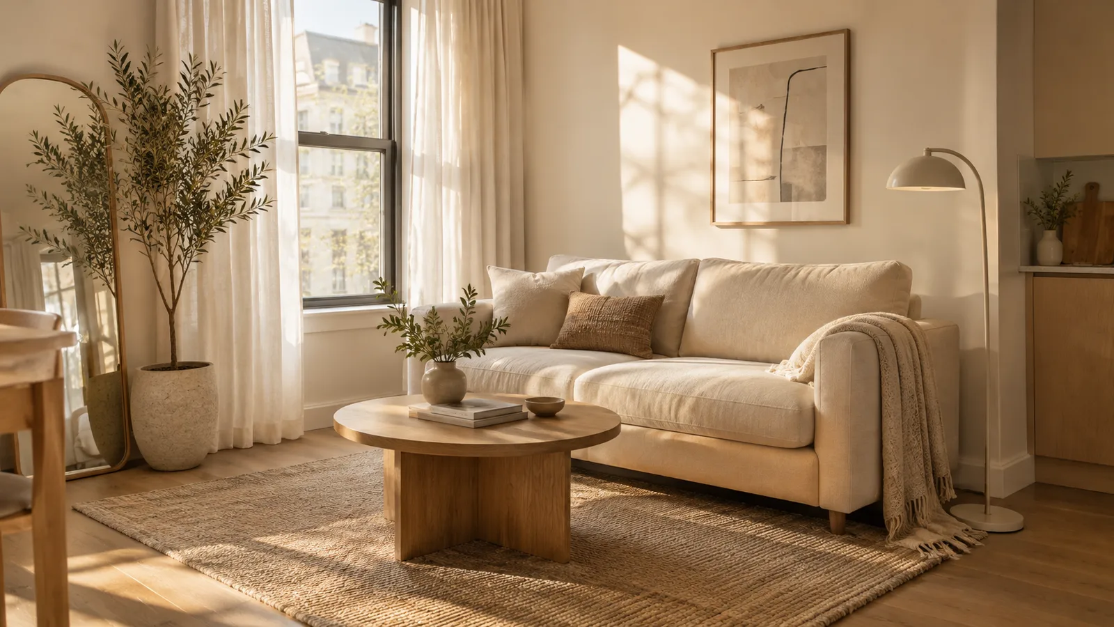 Bright small apartment living room with a compact cream sofa, round coffee table, large rug and floor-length curtains