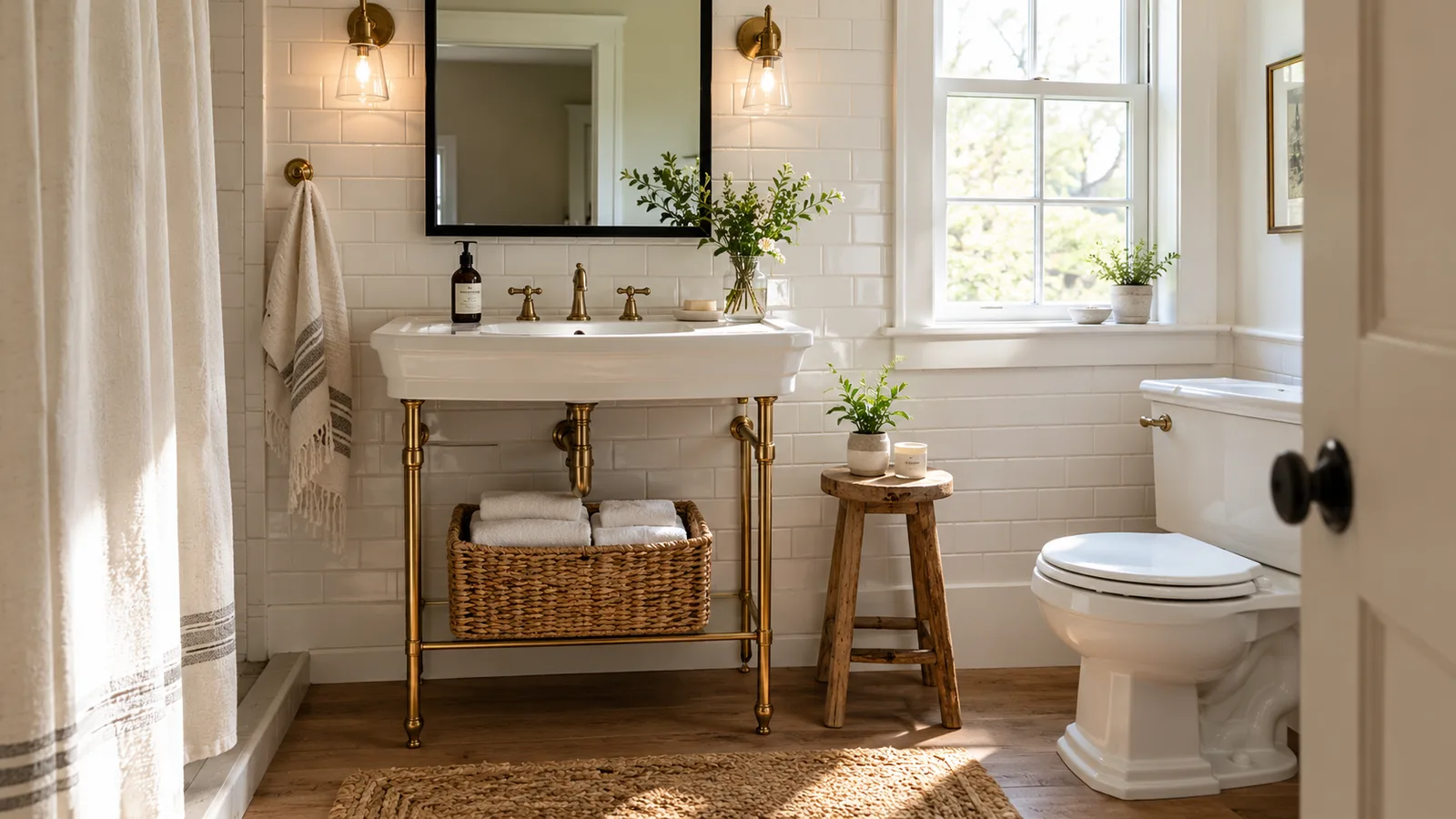 White console sink on slim brass legs with a basket of towels on the lower shelf