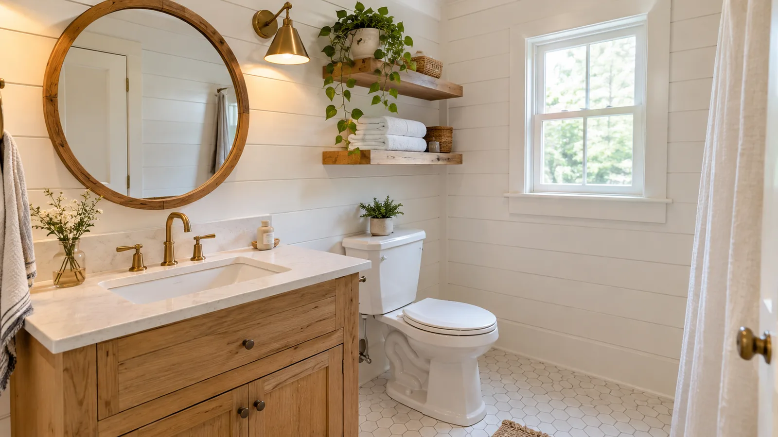 Small farmhouse bathroom with a slim wood vanity, white shiplap walls, a round mirror and open shelves over the toilet