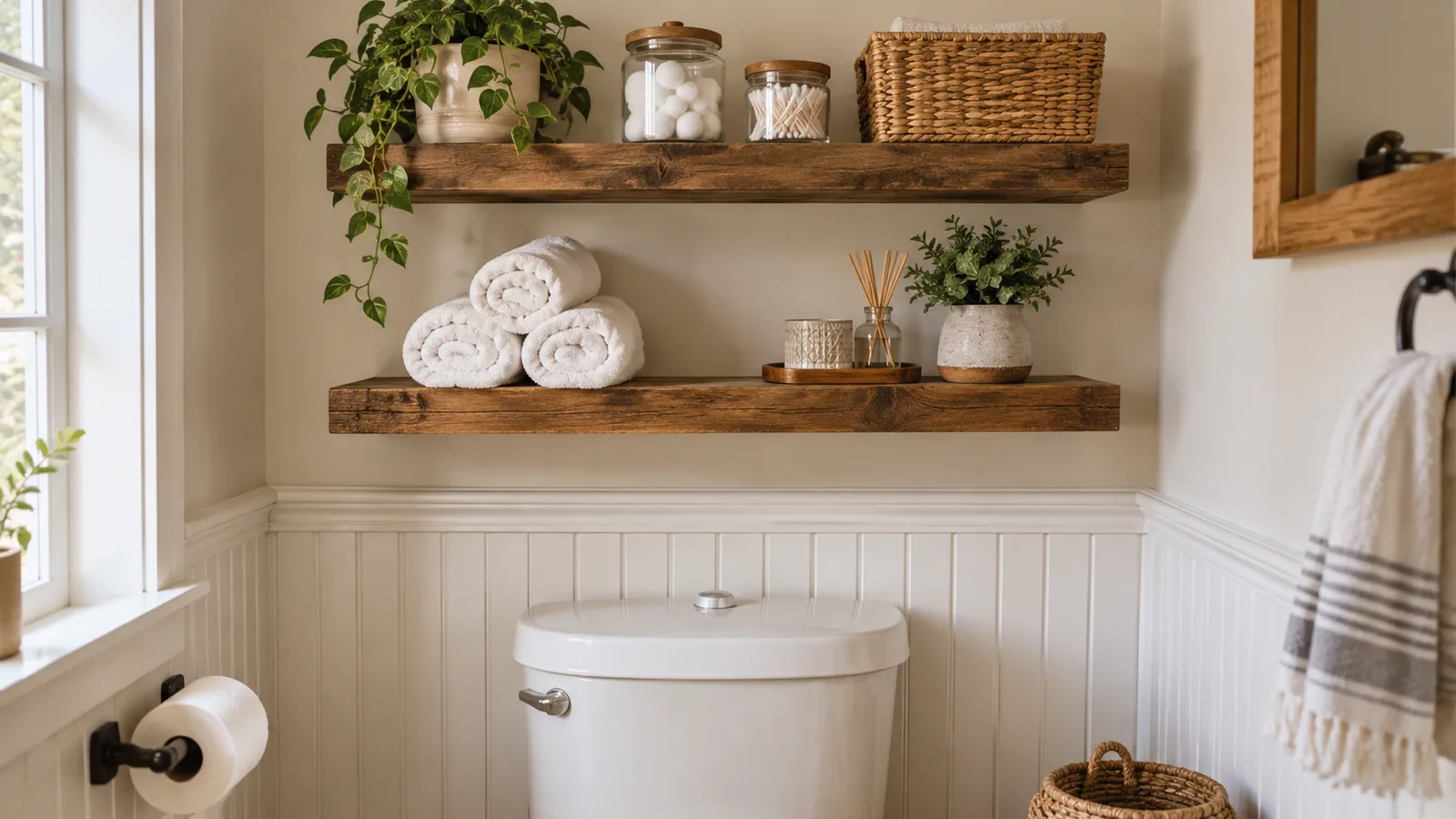 Reclaimed wood floating shelves above a toilet with rolled towels, jars and a plant