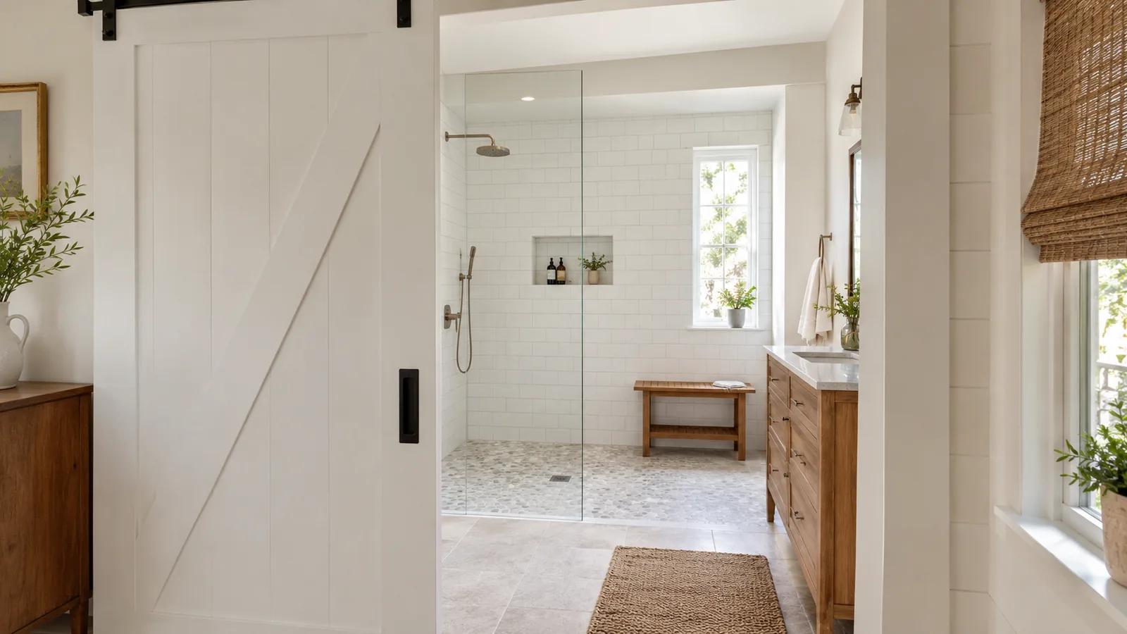 Sliding pocket door opening onto a small bathroom with a curbless shower