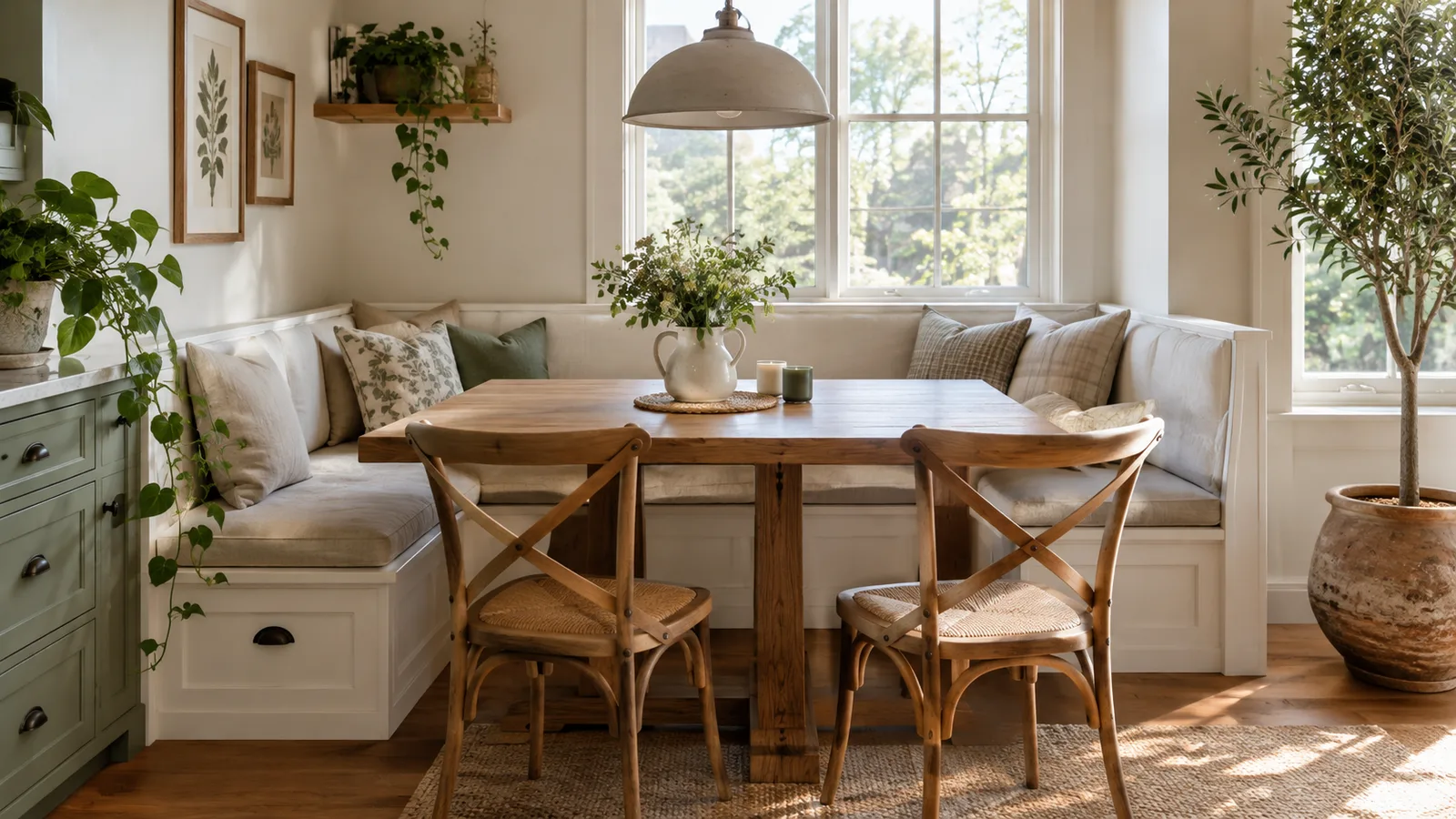 Built-in farmhouse banquette with linen cushions in a small dining nook